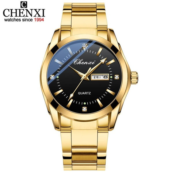 CHENXI - montre-bracelet classique pour hommes et femmes, bracelet en acier doré, étanche, Quartz avec Date automatique, horloge de Couple