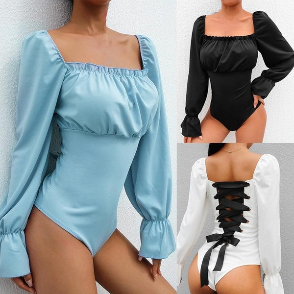Womens Fashion Back Lace Up Rompers Ladies Square Neck Bubble Sleeve Court Style Bodysuit One Piece Bodycon Jumpsuit Plus Size 5XL