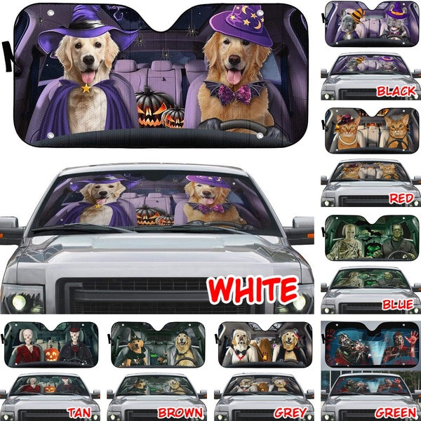 Halloween Car Sun Shade Golden Retriever Funny Dog Horror Skull Windshield Sunshade Summer Portable Car Windscreen Cover Auto Sun Visor Car-covers UV