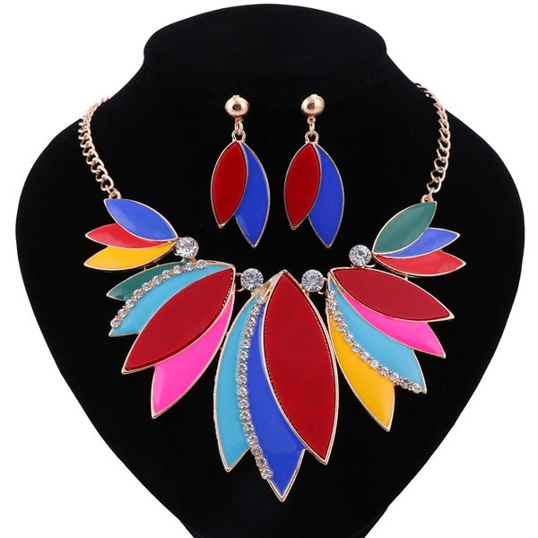 Women Wedding Leaves Crystal Enamel Choker Necklace Earrings Party Costume Accessories Jewelry Sets