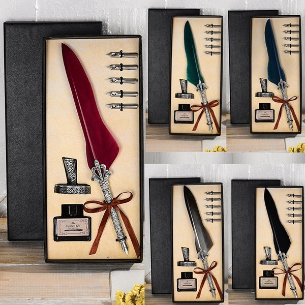 Vintage Feather Quill Pen and Ink Gift Set Calligraphy Quill Stainless Pen Letter Writer Pens Writing Feather Pen Handwriting Gift Set