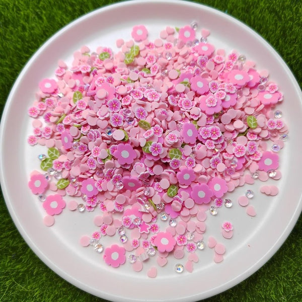 20g-lot Pink Mixed Peach Blossom Leaf Heart Clay Slices 5-12mm Mixed Size Flowers Slices DIY Nail Art Decoration Epoxy Resin Fillings