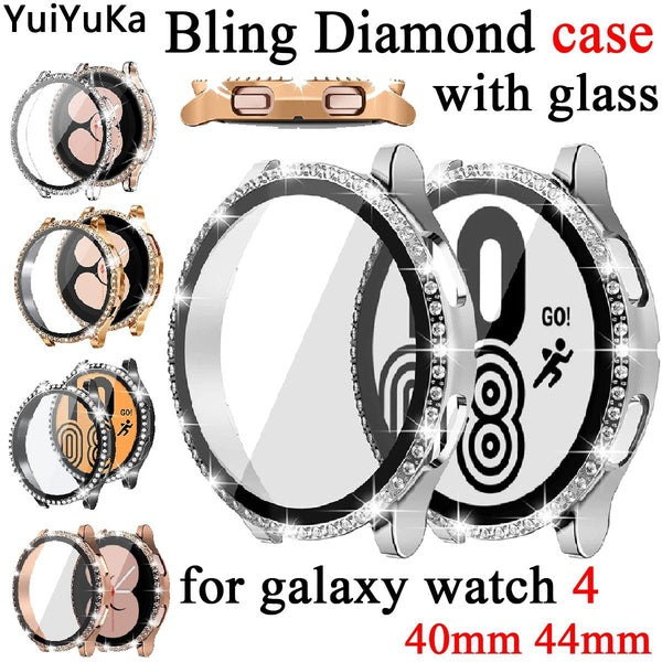YuiYuKa Bling Diamond case with film for samsung Galaxy watch 5 Galaxy watch 4 44mm 40mm Tempered glass Screen protector PC cover bumper for Galaxy w