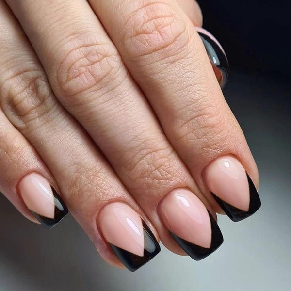 24pcs French False-Fake Nails Tips Glossy Black V False Nails Detachable Short Square Press on Nails for Women's Daily Wear Nail Art Manicure Decorat