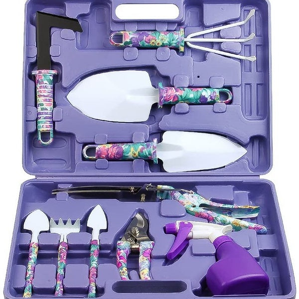 Garden Tools Set, 10 Pieces Gardening Tools with Purple Floral Print, Ergonomic Handle Trowel Rake Weeder Pruner Shears Sprayer, Garden Hand Tools wi