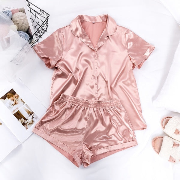 Women's Short Sleeve Sleepwear Button Down Satin 2 Piece Pajama Set