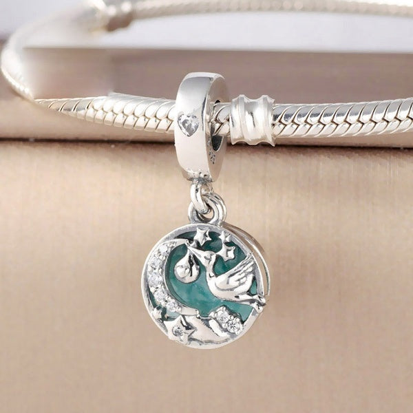 Perle de charme 100% argent sterling cigogne et étoiles scintillantes pour bracelets et colliers européens