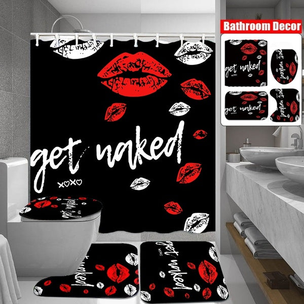 1-3-4Pcs Red Lips Bathroom Shower Curtain Set Bath Mat Non-Slip Pedestal Rug Toilet Seat Cover Modern Shower Curtains with 12 Hooks