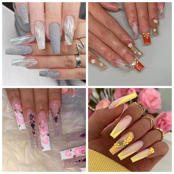 24PCS-Box Glitter False Nails Heart butterfly Design Nail Tips Detachable Fake Nails Press on Nails Manicure