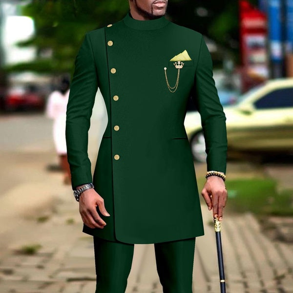 African Suits for Men Single Breasted Blazer and Pants 2 Piece Set Dashiki Outfits Ankara Attire with Kerchief