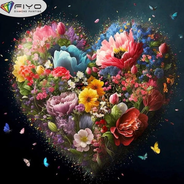 FIYO DIY 5D Heart Flower Diamond Painting Full Drill with Number Kits Home and Kitchen Fashion Mosaic Diamond Painting Canvas Wall Decoration Gift Cr
