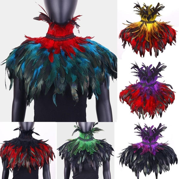 Gothic Natural Black Feather Cape Shawl with Choker Collar Halloween Cosplay