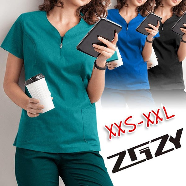 2025Femmes Manches Courtes Blouses Solide Infirmière Uniforme Col En V Poche Travailleurs Des Soins T-Shirt Hauts Clinique Salon De Beauté Vêtements