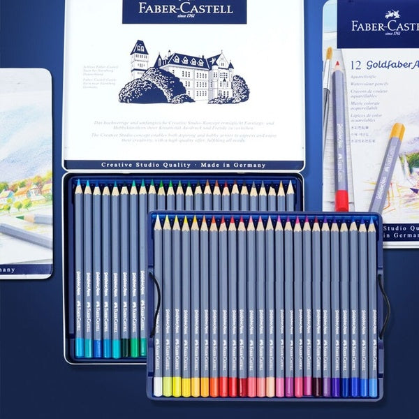 Faber Castell 1146 24 Colors Goldfaber Water Soluble Colored Pencils Blue Iron Box Artist Sketch Drawing Art Supplies
