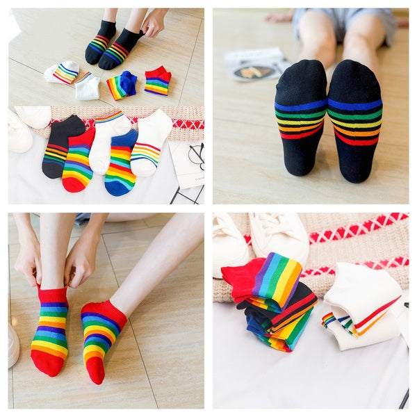 1pair Fashion Rainbow Stripe Socks Girls Cotton Match Color Ankle Socks Women's and Girl's Fashion Socks