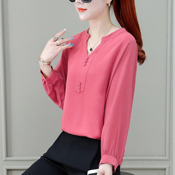 Women's New V-neck Chiffon Blouses Female Button Solid Color Long Sleeve Shirt Elegant Slim Tops Plus 4XL
