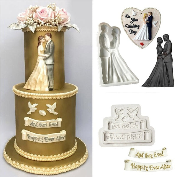 KUXSE Bride Groom Silicone Mold Wedding Cake Decorating Tool Sugarcraft Chocolate Clay Candy Gumpaste Molds Kitchen Baking Tools