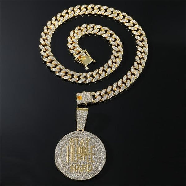 Punk Luxury Rhinestone STAY HARD Letter Pendant Necklace for Women Men13mm Hip Hop Iced Out Cuban Link Cuban Chain Necklace Charm Jewelry Accessories Matron Inn