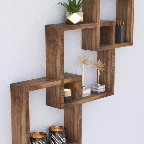 Decorative Interlocking Triple Square Wall Shelf Wooden Book Flowerpot Candle Holder Home Kitchen