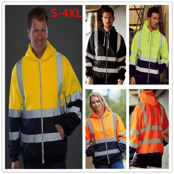 Men's Hooded Hoodie with Reflective Stripes, Environmental Sanitation Work Clothes, Fleece Patchwork Color Zippered Hoodie, Men's