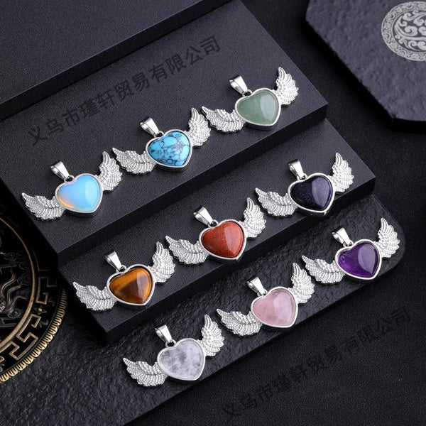 Natural crystal heart-shaped angel wings pendant Heart Shaped Stone Pendants Charms Crystal Chakra Beads for DIY Necklace Jewelry Making
