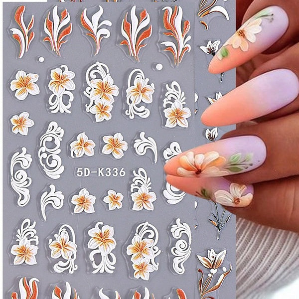 Gradient Lace Flower Petals 5D Embossed Nail Stickers White Orange Elegant Lily Floral Print DIY Self-Adhesive Engraved Decals Sliders Nail Art Decor