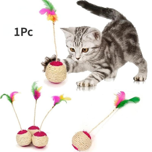 Pet Cat Toy Pet Cat Sisal Scratching Ball Training Interactive Toy for Kitten Pet Cat Supplies Feather Toy 1PC Random Color