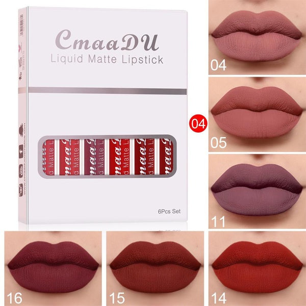 CmaaDu 1 Box 6Pcs-Set Contains 6 Lip sticks Matte Velvet Lip Gloss Long Lasting Lipstick Set