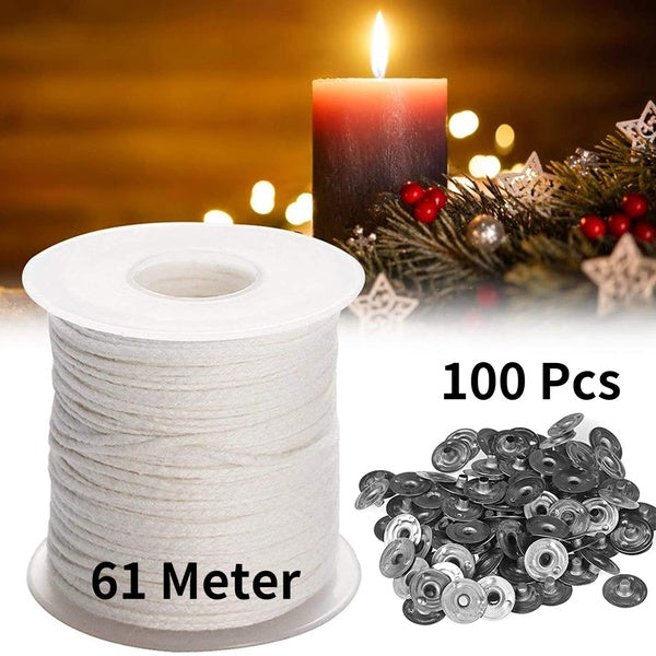 Candle Wicks- Natural Cotton Candle Wick Core 200 ft-Roll and 100Pcs Metal Wick Sustainers Tabs Soy Wax Candle Wicks DIY Craft Candles Making Supplie