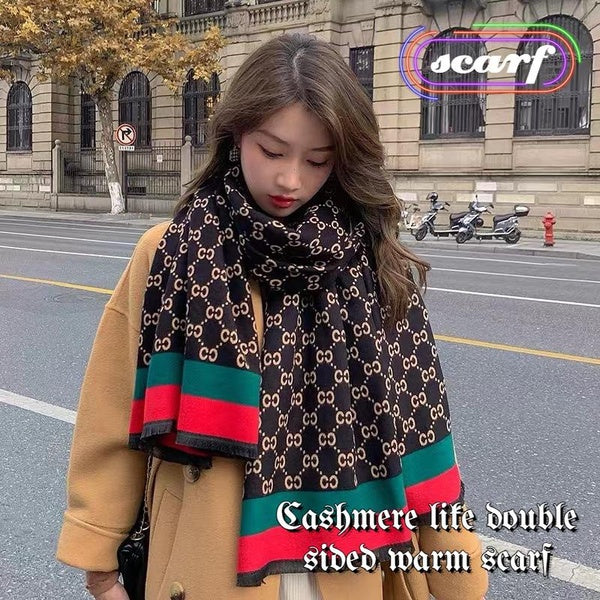 New style cashmere like extended scarf, letter stripe jacquard warm and thickened dual-use air conditioner shawl, 5 colors available.