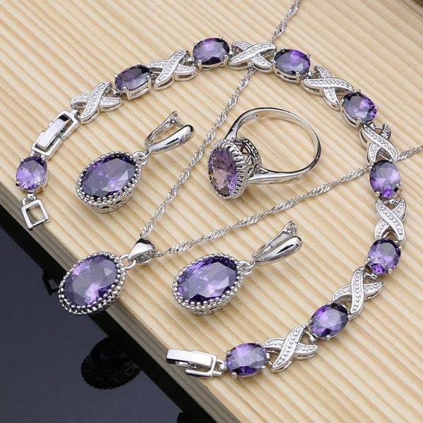 Fire Purple Amethyst Jewelry Sets Women 925 Sterling Silver Jewelry Earrings-Pendant-Necklace-Rings-Bracelet