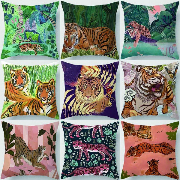 King of the jungle mighty tiger print square pillowcase, used for home decoration, car sofa cushion cover (45cm * 45cm)