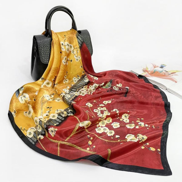 90*90cm Square Scarf for Women Classic Elegant Accessories, Fine Palace Pattern Soft Smooth Scarves