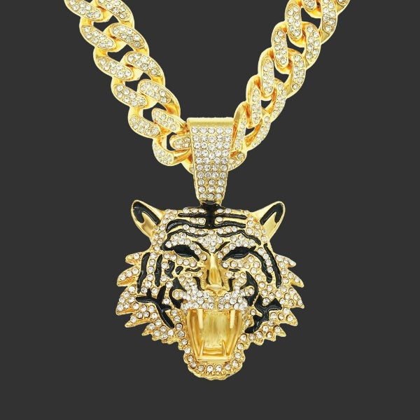 Hollow CZ Hip Hop Jewelry Zirconia Luxury Tiger Head Pendant and 13mm Width Miami Cuban Chain Dainty Necklace for Men-Women Hip hop Jewellery