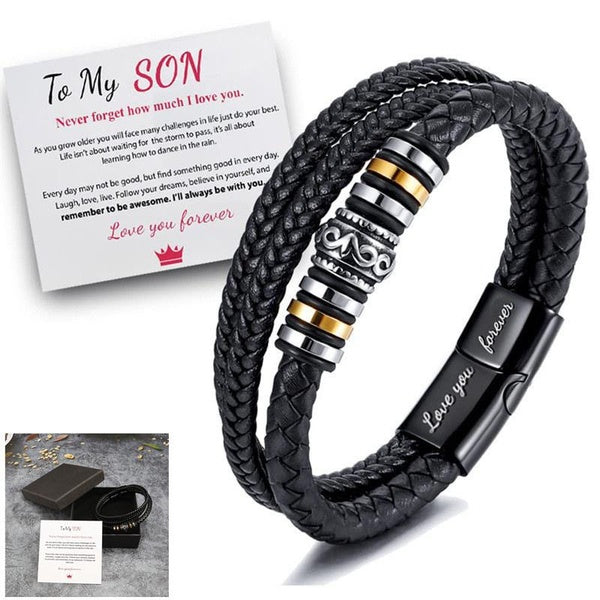 To My Son Love You Forever Bracelet en cuir tressé + carte-cadeau