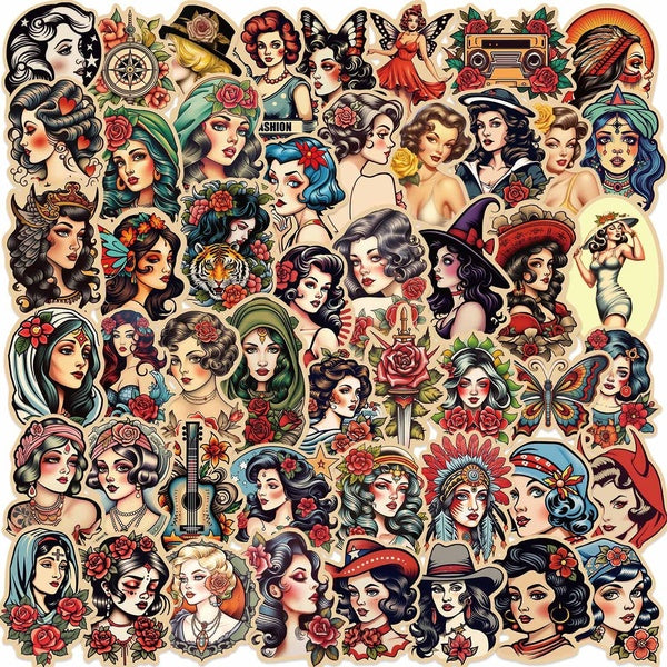 10-50Pcs Retro Tattoo Girl Stickers old school girl Graffiti Stickers for DIY Luggage Laptop Skateboard Motorcycle Bicycle Stickers