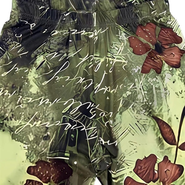 Leggings décontractés grande taille, leggings skinny légèrement extensibles à imprimé floral et lettre pour femmes