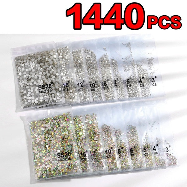 1440pcs-bag White AB Color Glitter Rhinestones Crystal Non Hot Fix FlatBack Strass Sewing & Fabric Garment Rhinestone Nail Art Stone Sizes