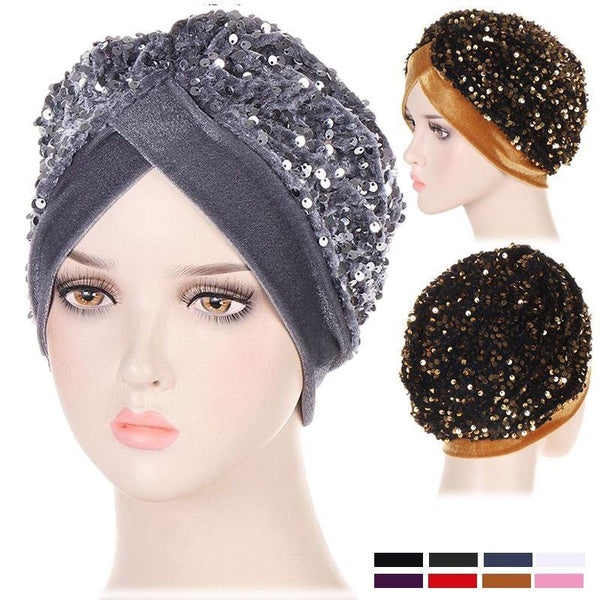Glitter Sequins Turban Cap Muslim Headwear African Headwraps Headscarf Bonnet Islamic Hijab Cap for Women