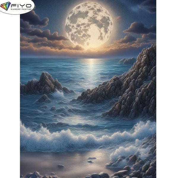 FIYO DIY 5D Moon Sea Diamond Painting Full Drill with Number Kits Home and Kitchen Fashion Mosaic Diamond Painting Canvas Wall Decoration Gift Crafts