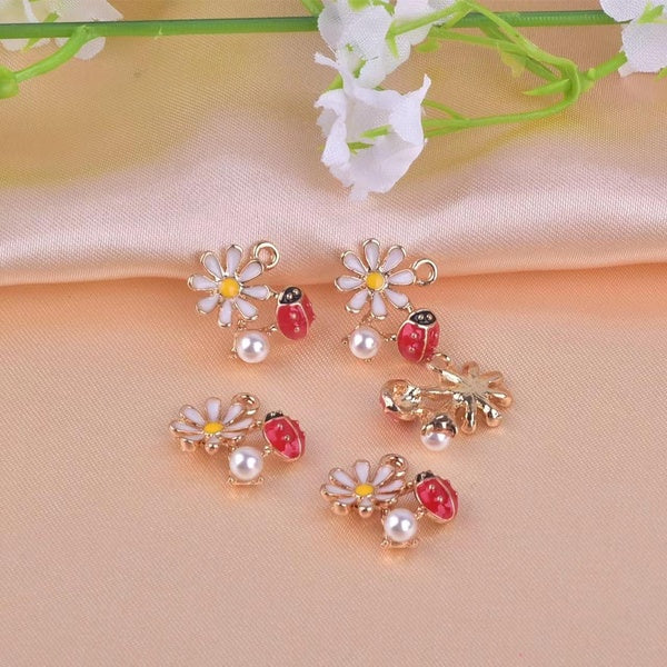 20pcs-pack Lovely Flower Ladybug Enamel Metal Charms Golden Color Earring Bracelet DIY Jewelry Making