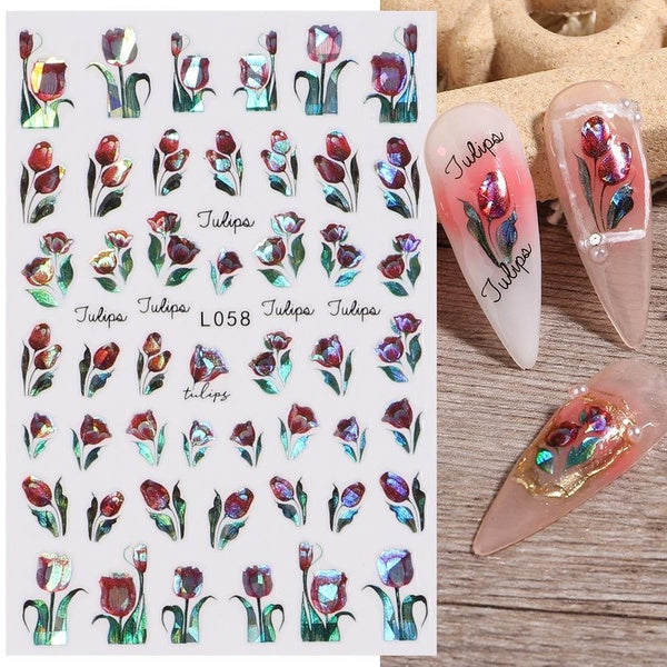 Laser 3D Nail Sticker Tulip Flower Geometric Design Summer Leaf Flamingo Adhesive Sliders Holographic Nail Decal Manicure FBL058