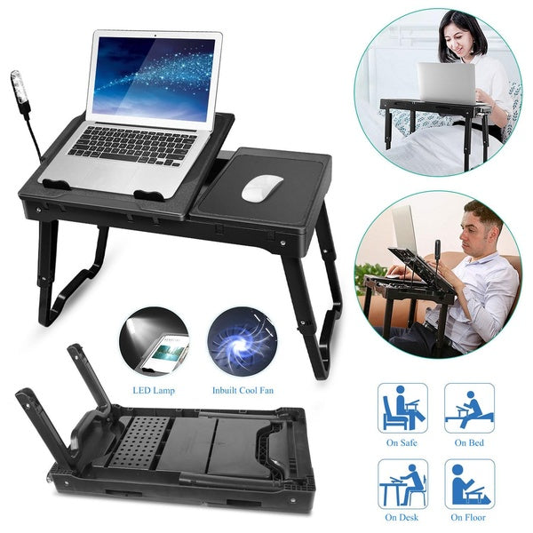 Foldable Laptop Table Bed Notebook Desk with Cooling Fan Mouse Board LED light 4 x USB Ports Breakfast Snacking Tray with Storage Groove For Home Off
