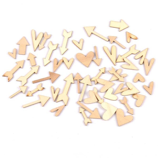 15-40mm Artisanat En Bois Mixte Scrapbookings Coeur Et Flèches Tranches De Bois Inachevées DIY Décoration De La Maison Embellissements 50Pcs MT1927