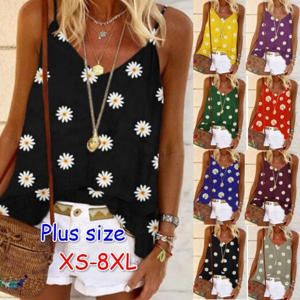 Women Fashion Summer V Neck Camisole Tops Daisy Floral Printed Vest Sleeveless T-shirt Loose Casual Plus Size Tank Tops