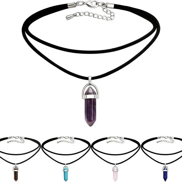 5PCS Hexagonal Gemstone Pointed Reiki Chakra Pendant Necklace Gneuine Leather Choker for Women