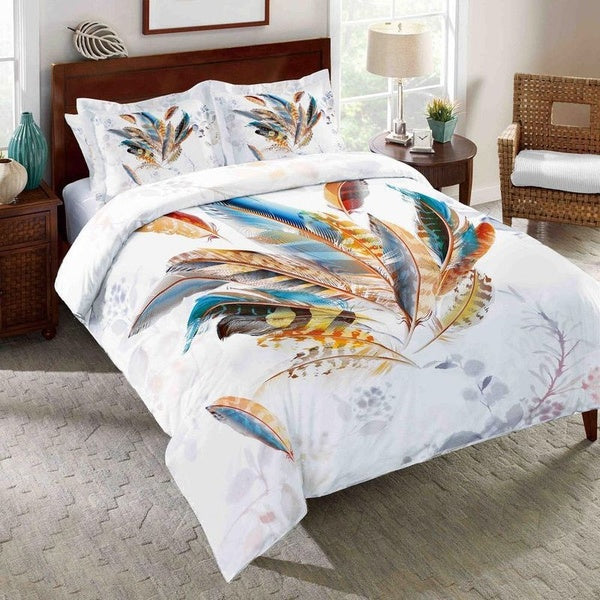 2-Colors New Fashion 3D Gorgeous Feather Dream Catcher Printed Bedding Set Duvet Cover Set ( White- Navy Blue )-（Twin Full Queen King )（US EU AU Size