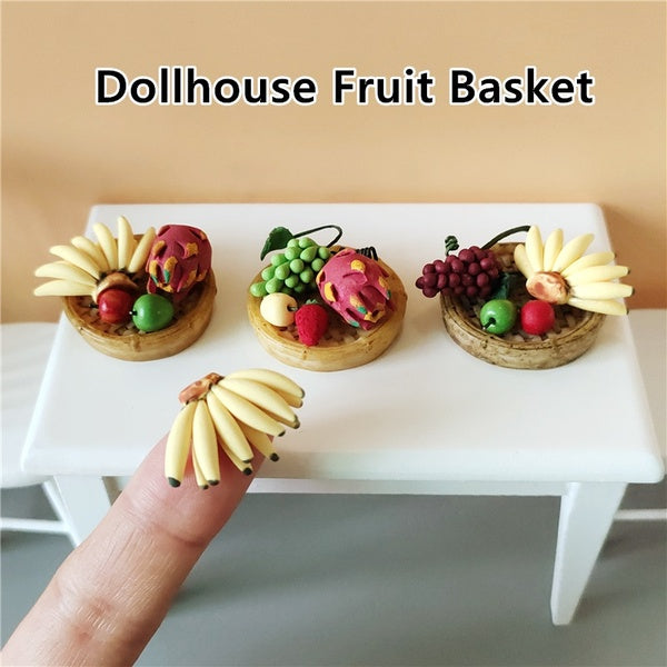 Dollhouse Fruit Basket Handmade Clay Fruit Apple Banana Mango Dragon Fruit with Basket Miniature Food Models 1:12 Dollhouse Accessories Kids Toy