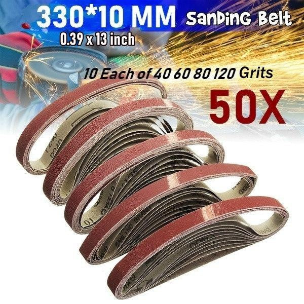 50PCS 330X10mm(1.08X0.03ft) Powerfile Sanding Sander Belts Paper Mixed Grit 40-1000 for Air Belt Sander-40-60-80-120 Grit