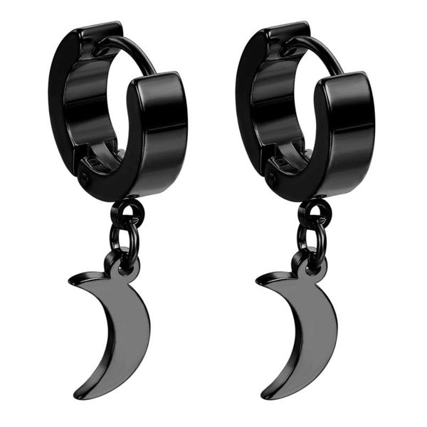 Men's Womens Girls Punk Rock Stainless Steel Hoop Earring with Half Moon Pendant Fashion Trendy Chic Crescent Moon Dangle Huggie Hoops Earrings Silve